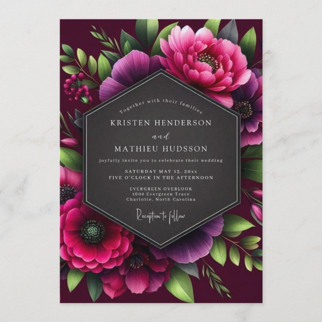 Convites Casamento Burgundy Opulent Bloom (Frente)