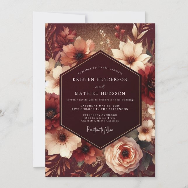 Convites Casamento Burgundy Opulent Bloom (Frente)