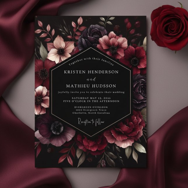 Convites Casamento Burgundy Opulento em Flor (Criador carregado)