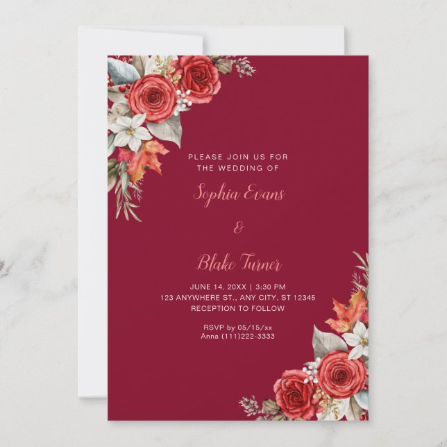 Convites Casamento Burgundy Outono Rosas Vermelhas Rústicas (Frente)