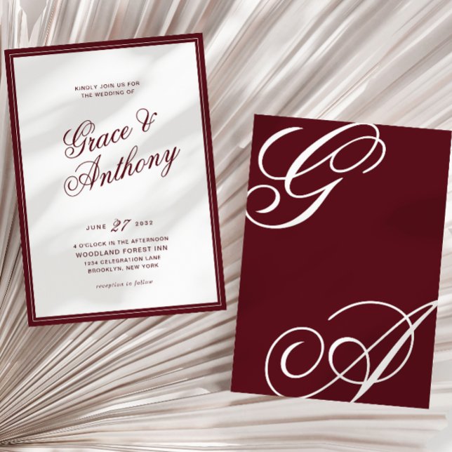 Convites Casamento Burgundy Profundo Monograma Romântico El (Criador carregado)