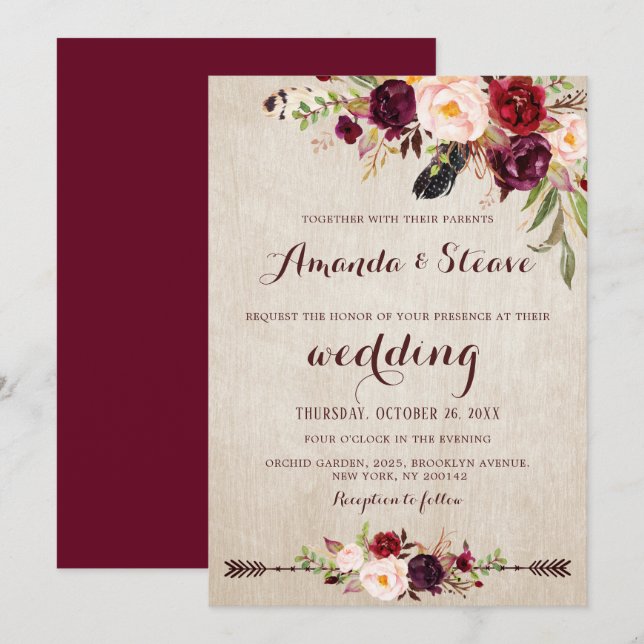 Convites Casamento Burgundy Red Floral Boho (Frente/Verso)
