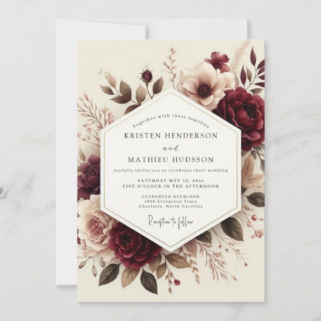 Convites Casamento Burgundy Romantic Bloom (Frente)