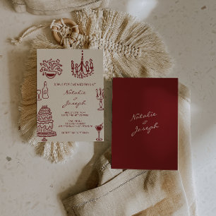 Convites Casamento Burgundy Romântico Caprichoso Desenhado 