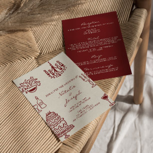 Convites Casamento Burgundy Romântico Desenhado à Mão Tudo