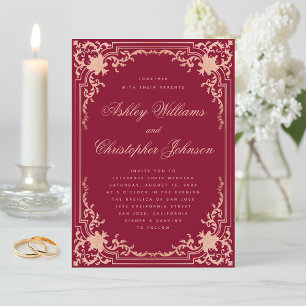 Convites Casamento Burgundy Rosa Dourado Vintage Elegante