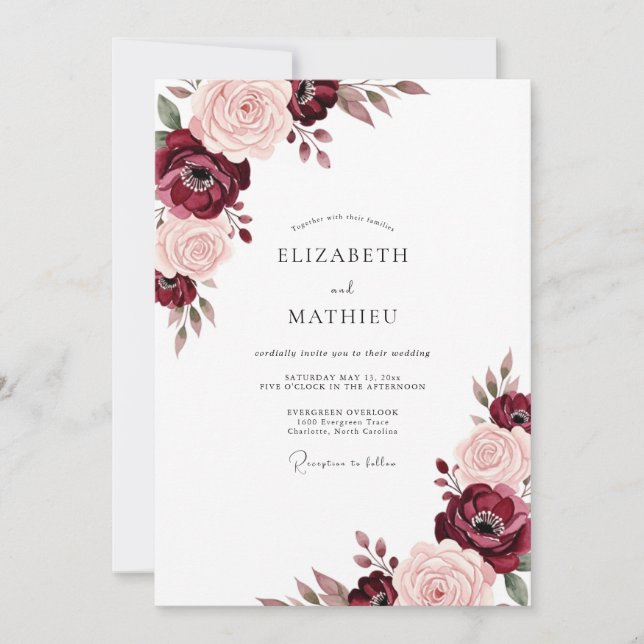 Convites Casamento Burgundy Rose Painterly Romance (Frente)