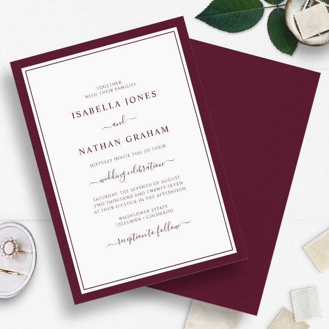 Convites Casamento Burgundy Script Minimalista Elegante Fro (Simple Elegant Border Minimalist Burgundy Script Wedding Invitation by Painted Paperie
)