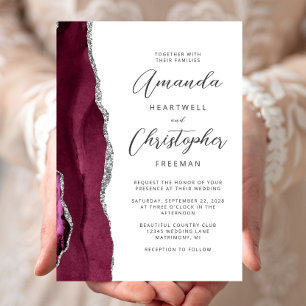 Convites Casamento Burgundy Silver Agate Script