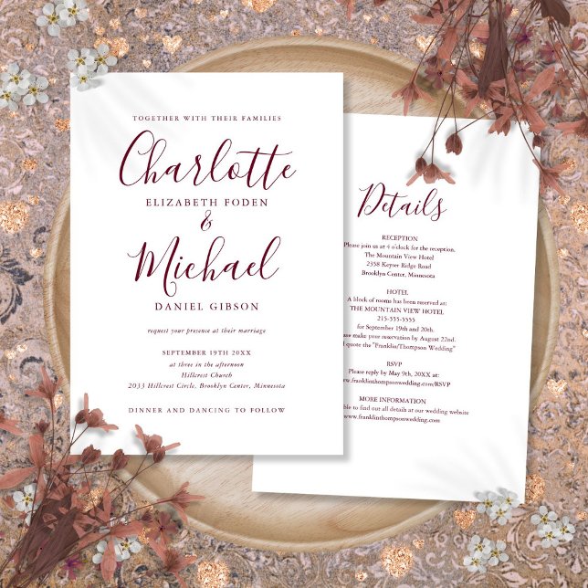 Convites Casamento Burgundy Simples e Elegante Tudo em Um (Burgundy All In One Simple Elegant Wedding Invitation)