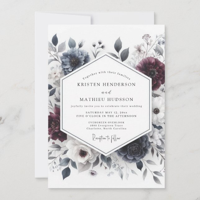 Convites Casamento Burgundy & Slate Ethereal Bloom (Frente)