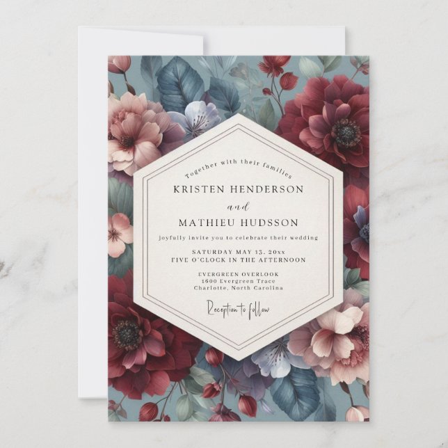 Convites Casamento Burgundy Slate Moody Flora (Frente)