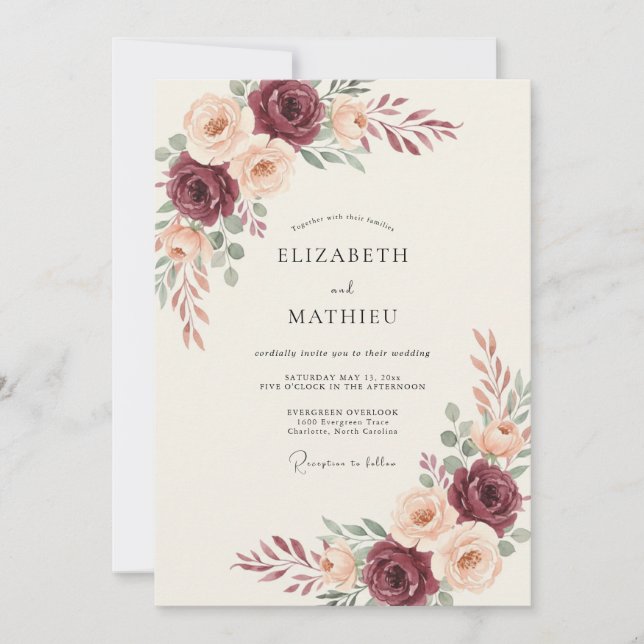 Convites Casamento Burgundy Soft Bloom (Frente)