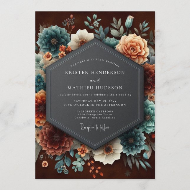 Convites Casamento Burgundy Teal Dutch Bloom (Frente)