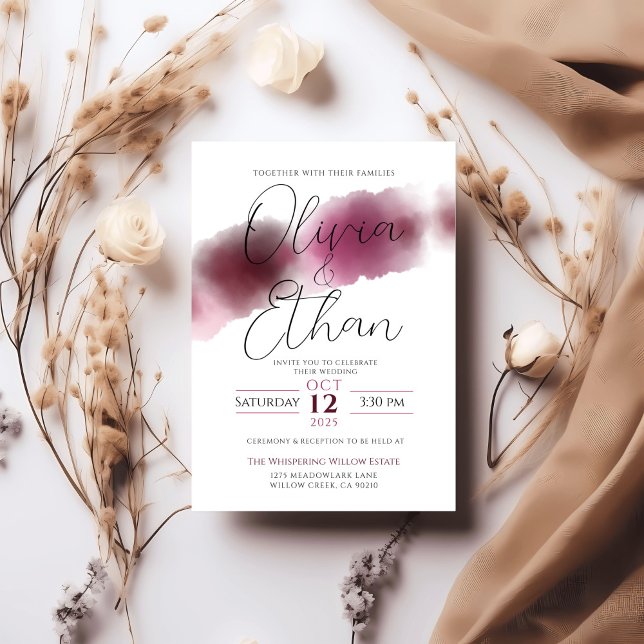 Convites Casamento Burgundy Watercolor - Script Elegante (Criador carregado)