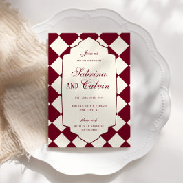 Convites Casamento Burgundy Xadrez Retro Elegante