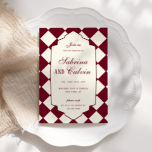 Convites Casamento Burgundy Xadrez Retro Elegante
