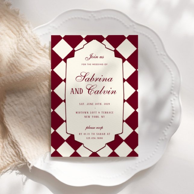 Convites Casamento Burgundy Xadrez Retro Elegante (Criador carregado)