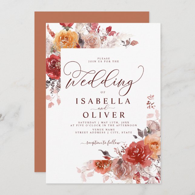 Convites Casamento Burnt Orange Boho Terracotta Burgundy In (Frente/Verso)