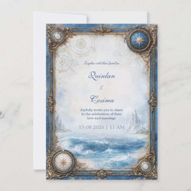 Convites Casamento Bússola Costeira Azul (Frente)