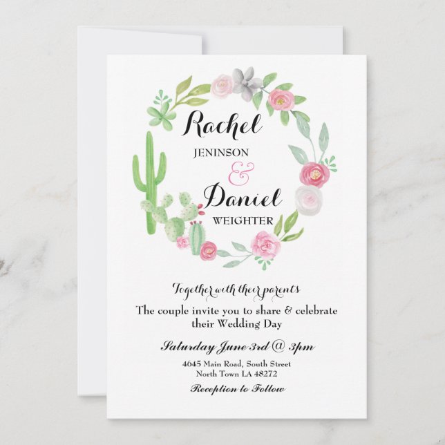 Convites Casamento Cactus Fiesta Wreath Party Invite Floral (Frente)