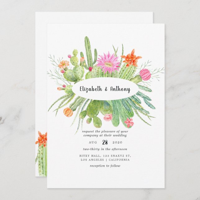 Convites Casamento Cactus Watercolor (Frente/Verso)