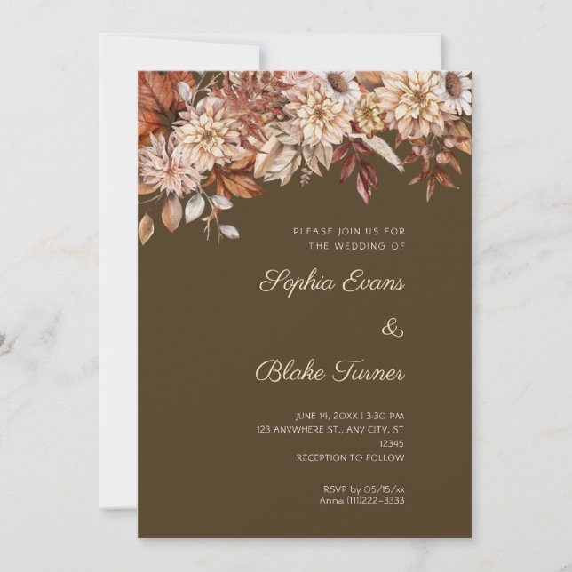 Convites Casamento Café Floral de Inverno Marrom Boho (Frente)