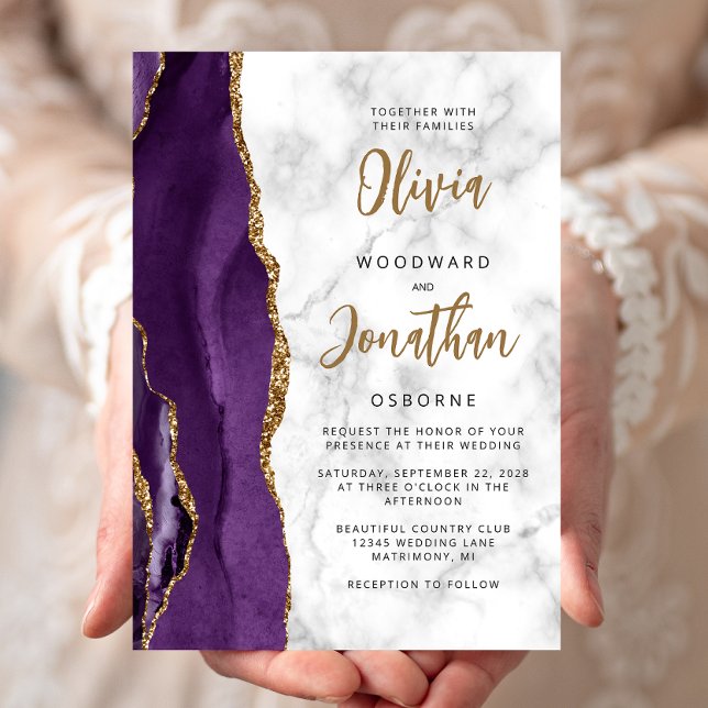 Convites Casamento Caligrafia Ágata Mármore Dourado Roxo (Criador carregado)