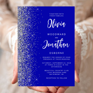 Convites Casamento Caligrafia Azul Royal Brilho Prata