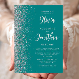 Convites Casamento Caligrafia Azul Teal Prata Brilho