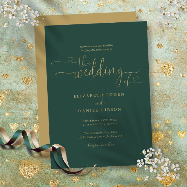 Convites Casamento Caligrafia Corações Dourados Esmeralda M (Modern Emerald Gold Hearts Calligraphy Wedding Invitation)