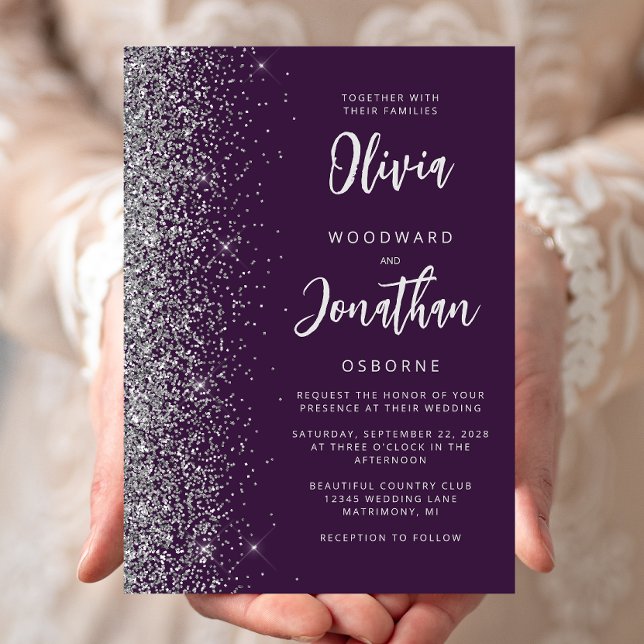 Convites Casamento Caligrafia Glitter Prata Roxo (Criador carregado)
