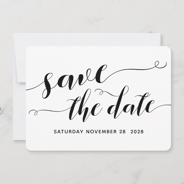 Convites Casamento Caligrafia Preto e Branco Save The Date (Frente)