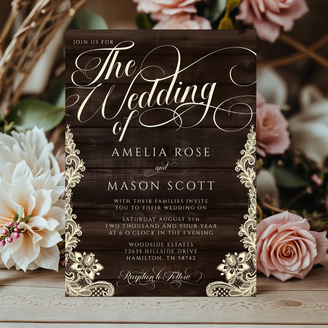 Convites Casamento Caligrafia Script com Renda Rústica e Ma (Rustic Lace and Wood Script Calligraphy Wedding Invitation)