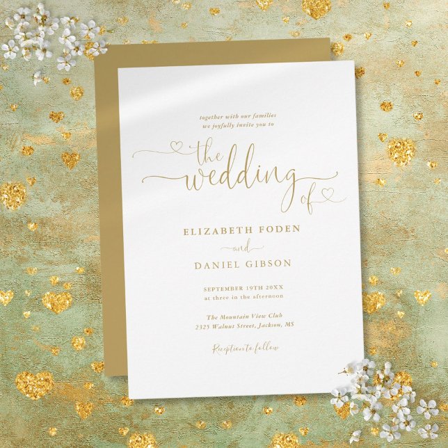 Convites Casamento Caligrafia Script Corações de Ouro Elega (Elegant Gold Hearts Script Calligraphy Wedding Invitation)