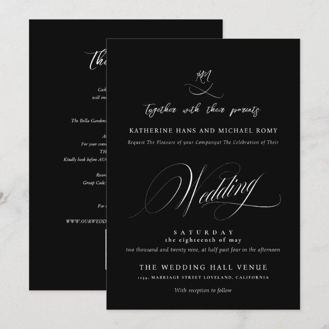 Convites Casamento Caligrafia Script Elegante Romântico (Frente/Verso)