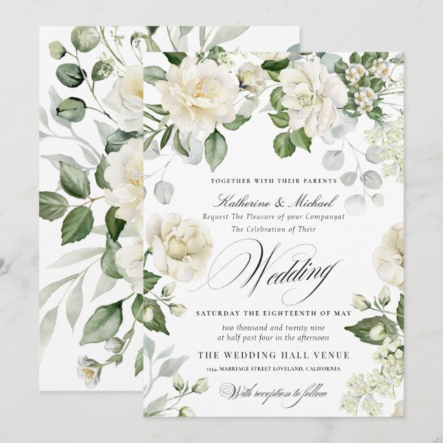 Convites Casamento Caligrafia Script Floral Eucalipto Cremo (Frente/Verso)