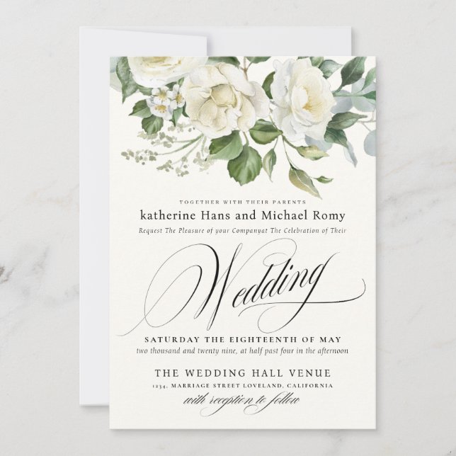 Convites Casamento Caligrafia Script Floral Eucalipto Cremo (Frente)