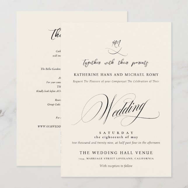 Convites Casamento Caligrafia Script Romântico Elegante (Frente/Verso)