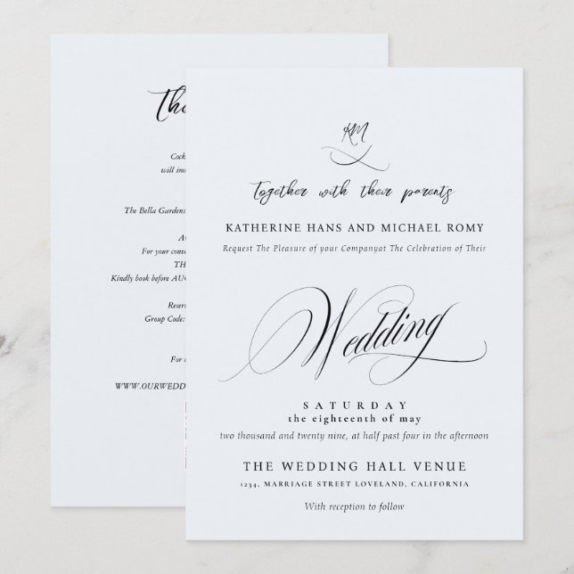 Convites Casamento Caligrafia Script Romântico Elegante (Frente/Verso)