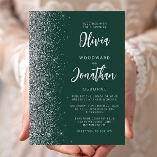 Convites Casamento Caligrafia Verde Esmeralda Brilho Prata