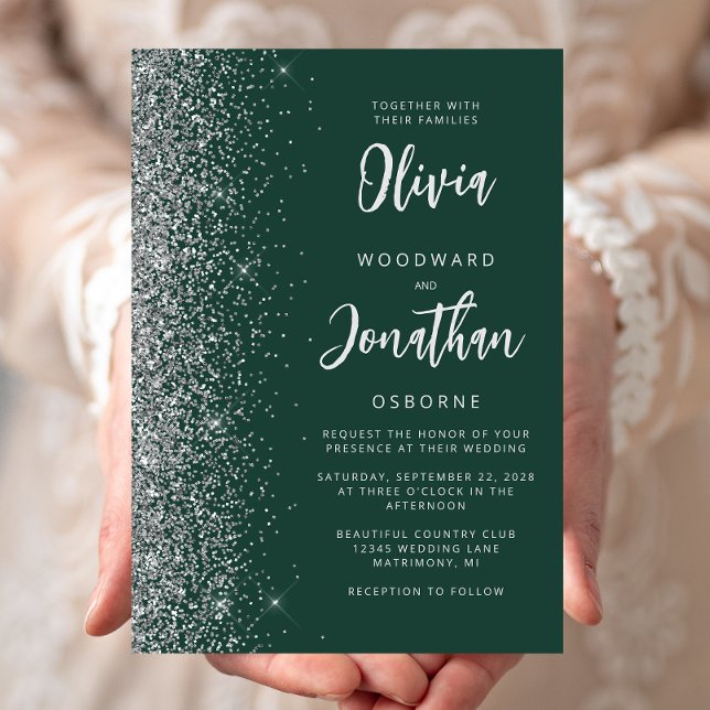 Convites Casamento Caligrafia Verde Esmeralda Brilho Prata (Criador carregado)