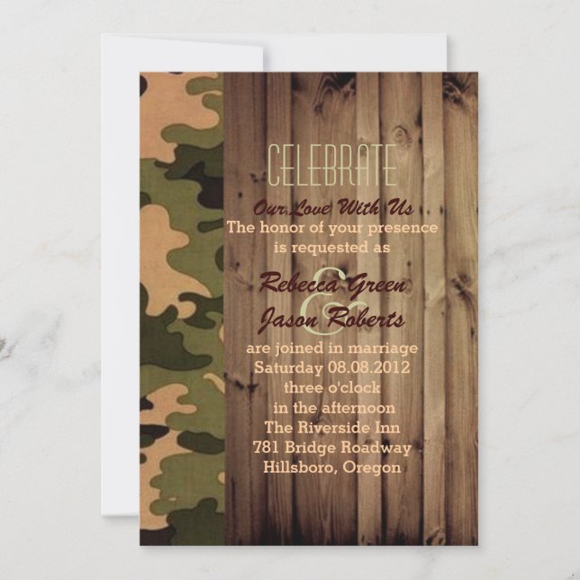 Convites casamento camuflado country ocidental madeira de c (Frente)