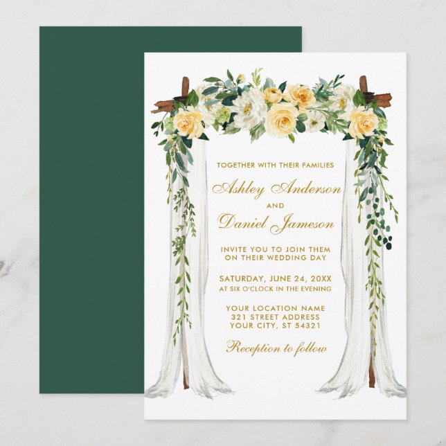 Convites Casamento Cana-d-Água Amarelo Floral Dourado Verde (Frente/Verso)