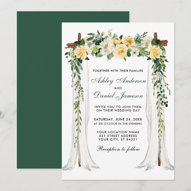 Convites Casamento Cana-d-Água Amarelo Floral Verde (Frente/Verso)