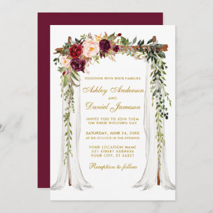 Convites Casamento Canopy Watercolor Floral Dourada Burgund