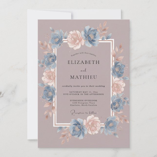 Convites Casamento Capricho Flor Azul Empoeirada (Frente)