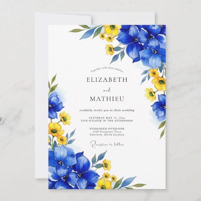 Convites Casamento Capricho Floral Azul Real (Frente)