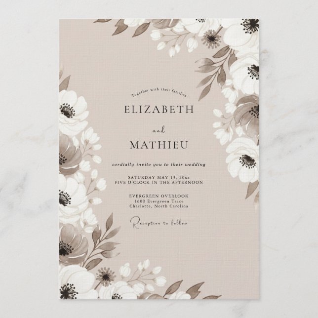 Convites Casamento Capricho Floral Bege (Frente)