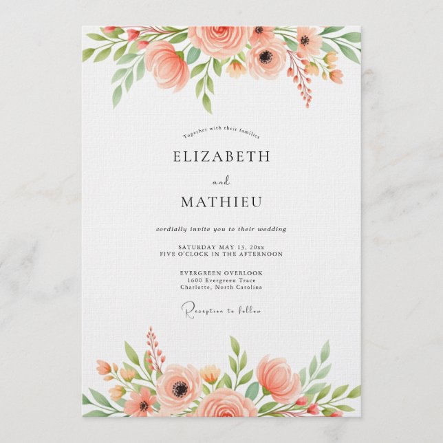 Convites Casamento Capricho Floral Coral (Frente)